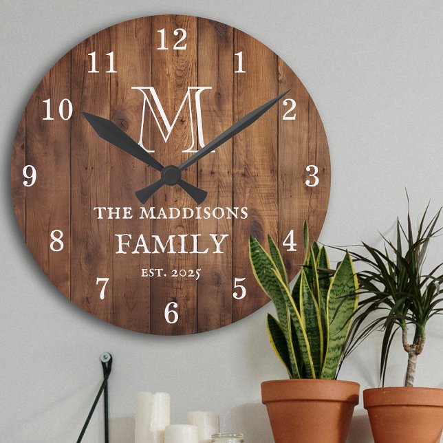 Rustic Brown Wood Custom Family Monogram and Name Round Clock (Creator Uploaded)
