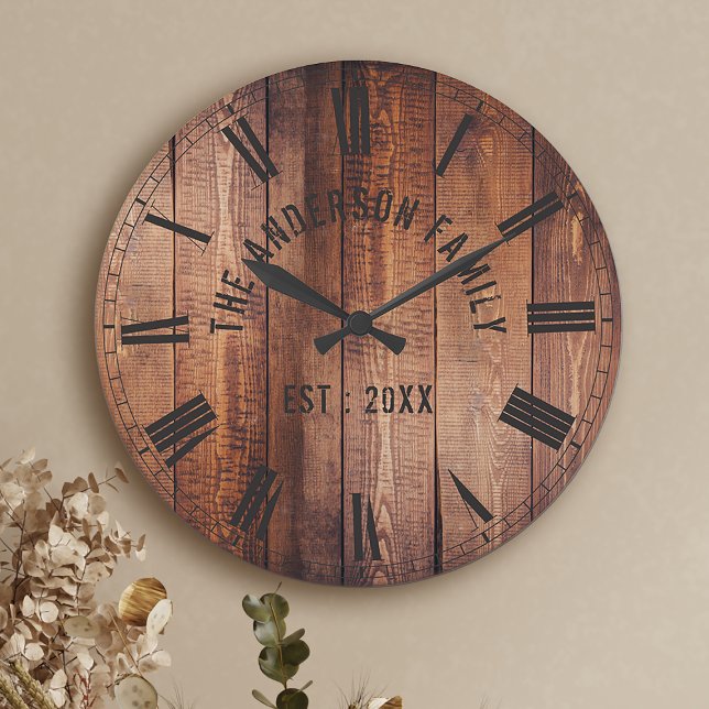 Rustic Brown Wood Custom Family Name Farmhouse Round Clock (Creator Uploaded)