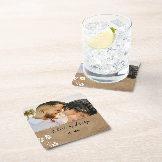 Rustic Brown Wood Custom Photo Wedding Coaster (Insitu)