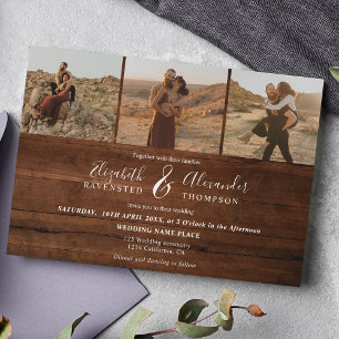 Rustic brown wood Elegant 4 Photos script wedding Invitation