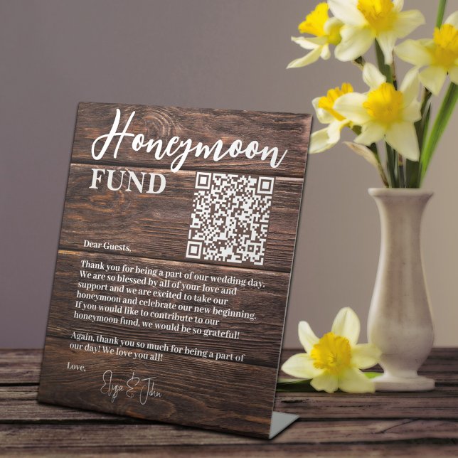   Rustic Brown Wood Elegant QR Code Honeymoon Fund Pedestal Sign (Creator Uploaded)