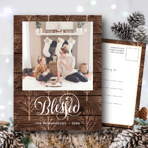 Rustic Brown Wood Elegant Script BLESSED Minimal Postcard
