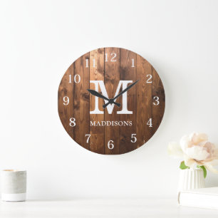 Rustic Brown Wood Family Custom Name Farmhouse Large Clock