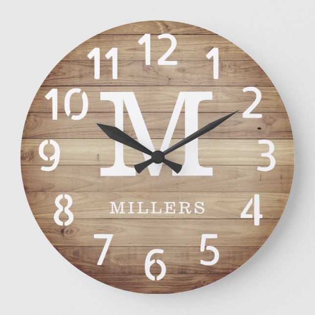 Rustic Brown Wood Family Name Monogram Farmhouse Large Clock (Front)