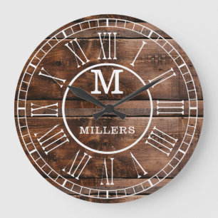 Rustic Brown Wood Family Name Monogram Large Clock