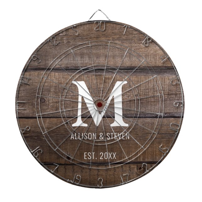 Rustic Brown Wood Farmhouse Family Monogram Dartboard (Front)
