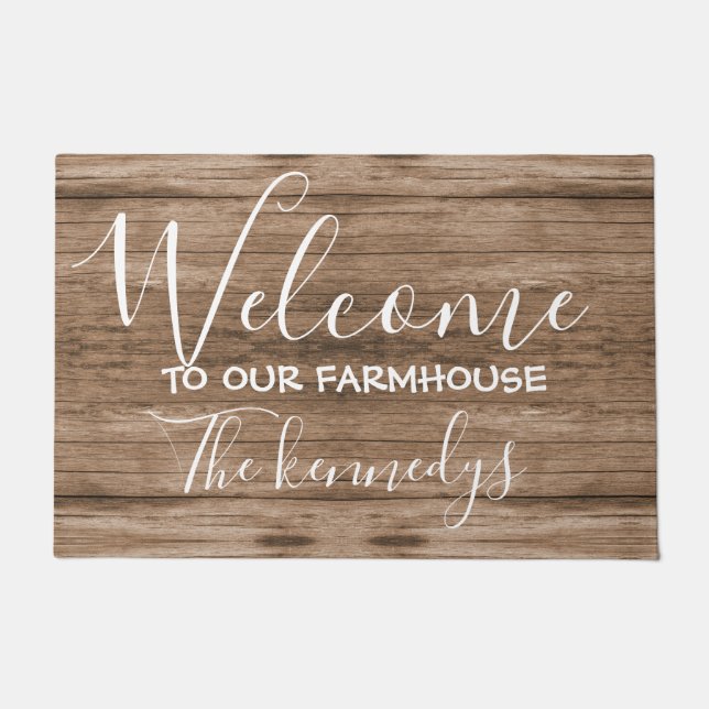 Rustic Brown Wood Farmhouse Welcome Doormat (Front)
