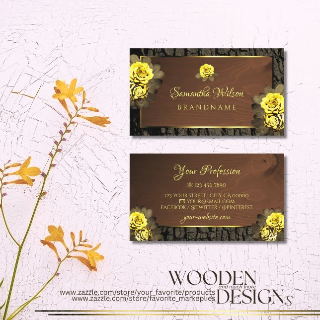 Rustic Brown Wood Grain Tree Bark Floral Roses  Business Card (Creator Uploaded)