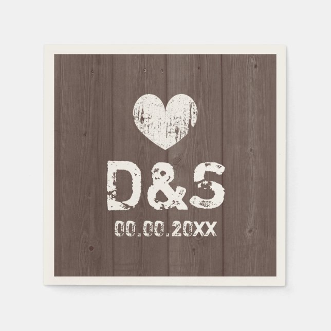 Rustic brown wood grain wedding party napkins (Front)