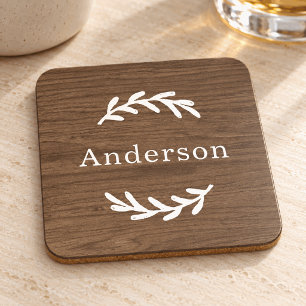 Rustic Brown Wood Laurel Monogram Name Coaster
