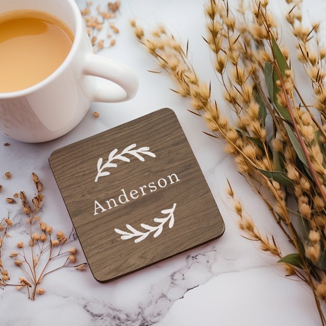 Rustic Brown Wood Laurel Monogram Name Coaster (Creator Uploaded)