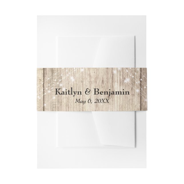 Rustic Brown Wood & Light Strings Personalised Invitation Belly Band (Front Example)