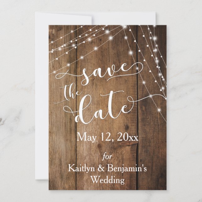 Rustic Brown Wood, Light Strings Save the Date (Front)