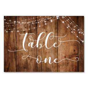 Rustic Brown Wood & Light Strings Table One Card