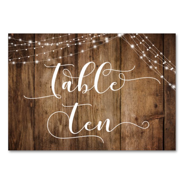 Rustic Brown Wood & Light Strings Table Ten Card (Back)