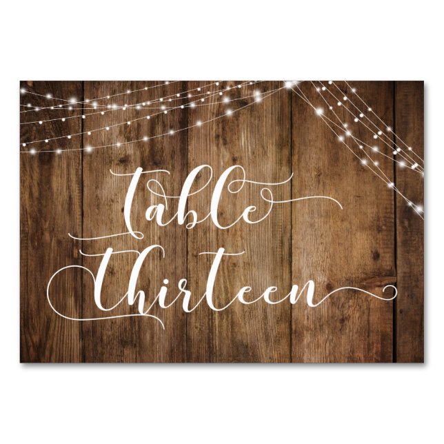 Rustic Brown Wood & Lights Table Thirteen Card (Front)
