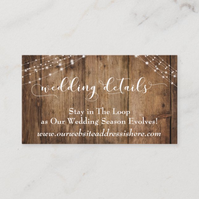Rustic Brown Wood & Lights Wedding Details Enclosure Card (Front)