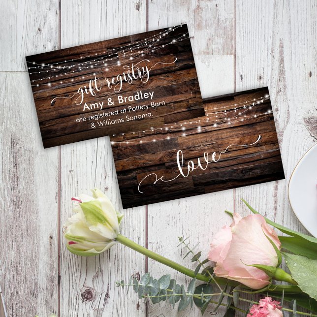Rustic Brown Wood & Lights, Wedding Gift Registry Enclosure Card (Creator Uploaded)