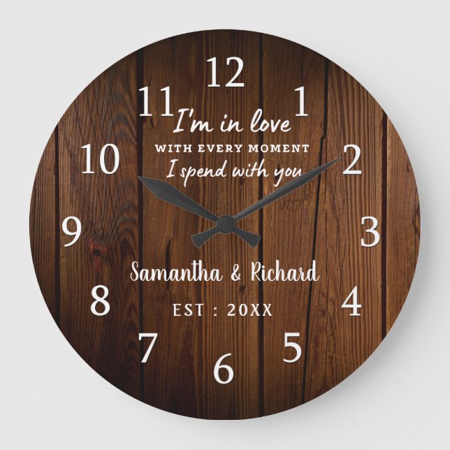 Rustic Brown Wood Love Quote Wedding Anniversary   Large Clock (Front)