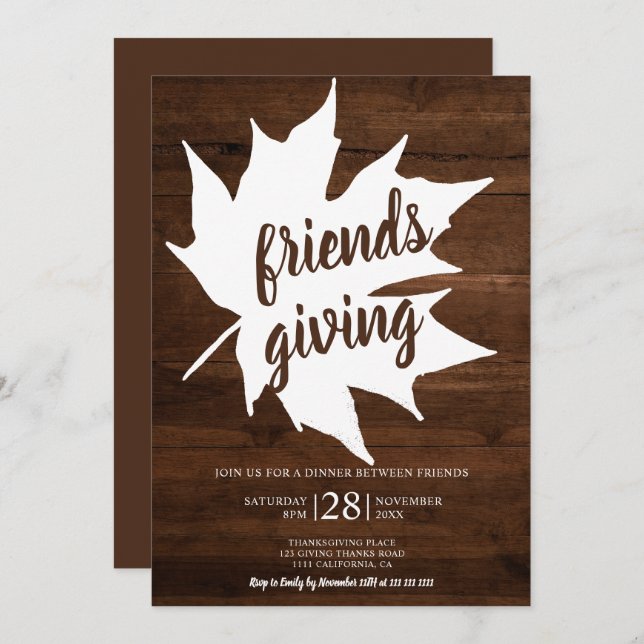 Rustic brown wood maple leaf thanksgiving invitation (Front/Back)