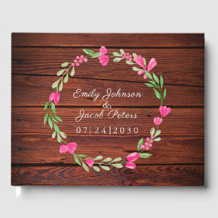 Rustic Brown Wood Pink Floral Country Wedding Guest Book
