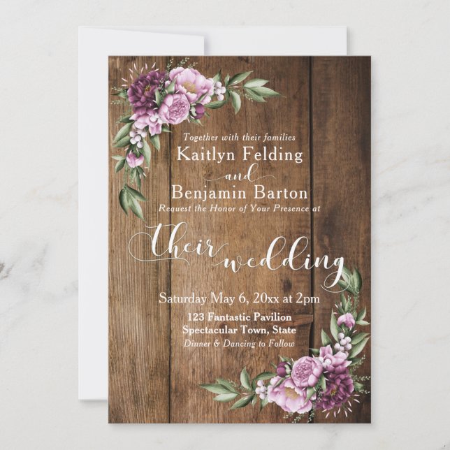 Rustic Brown Wood Pink Peonies Bouquet Wedding Invitation (Front)