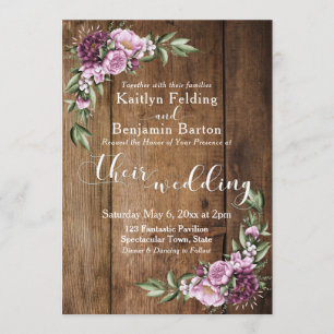 Rustic Brown Wood Pink Peonies Bouquet Wedding Invitation