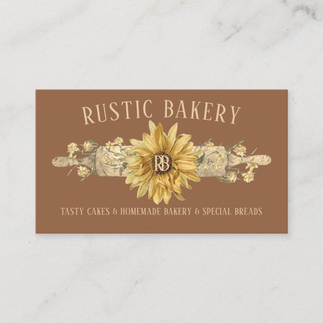 Rustic Brown Wood Rolling Pin Sunflower Bakery Business Card (Front)