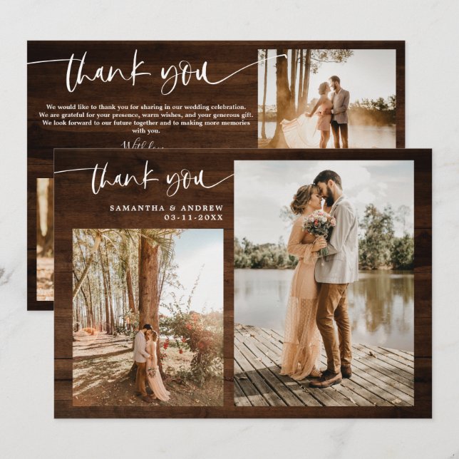 Rustic brown wood script 5 photo thank you wedding card (Front/Back)