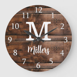 Rustic Brown Wood Script Family Name Monogrammed  Large Clock