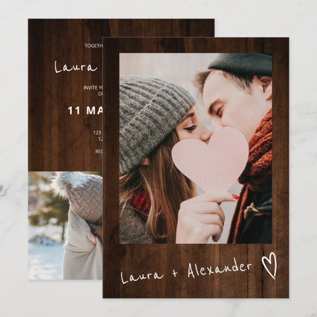 Rustic brown wood script heart 2 photos wedding invitation (Front/Back)