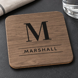Rustic Brown Wood Serif Monogram Name Coaster