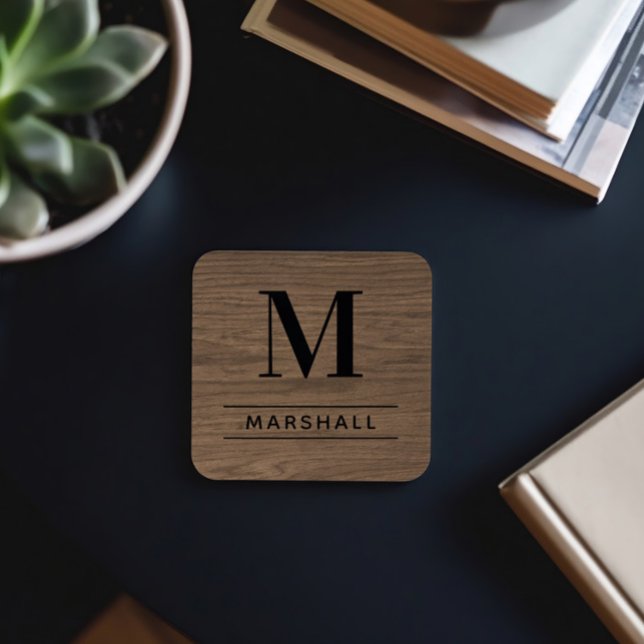 Rustic Brown Wood Serif Monogram Name Coaster (Creator Uploaded)