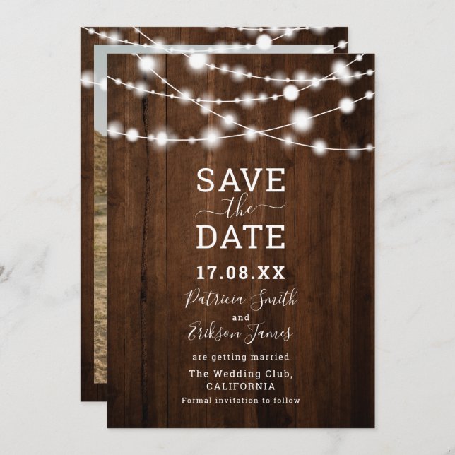 Rustic brown wood string light photo save the date (Front/Back)
