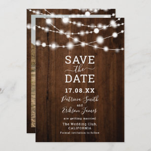 Rustic brown wood string light photo save the date