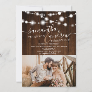 Rustic brown wood string lights 2 photos wedding invitation