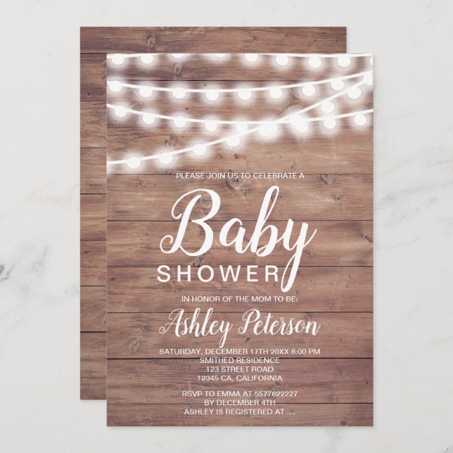Rustic brown wood string lights baby shower invitation (Front/Back)