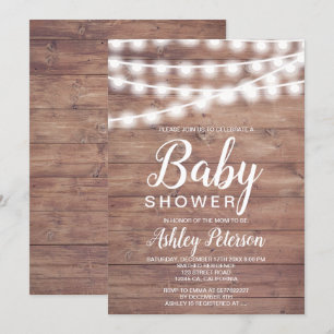 Rustic brown wood string lights baby shower invitation