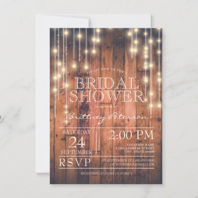 Rustic Brown Wood String Lights | Bridal Shower Invitation (Front)