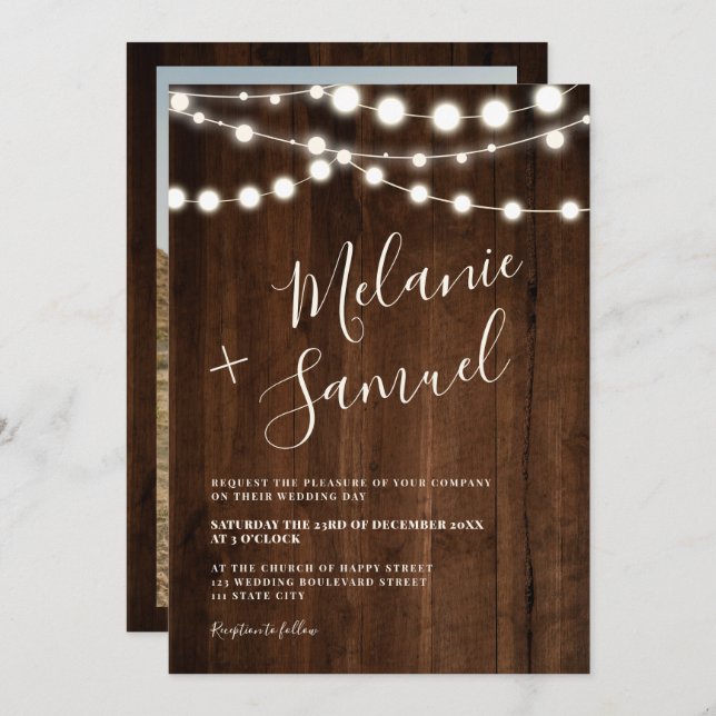 Rustic brown wood string lights photo wedding invitation (Front/Back)