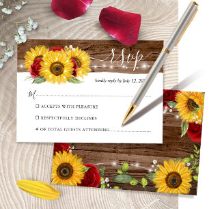 Rustic Brown Wood Sunflower and Red Rose Wedding RSVP Card