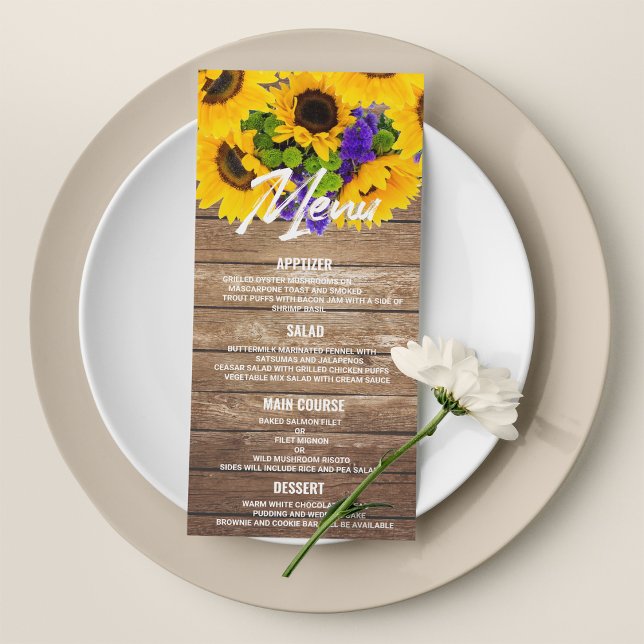 Rustic brown wood sunflower floral Wedding Menu (Rustic brown wood sunflower floral Wedding Menu )