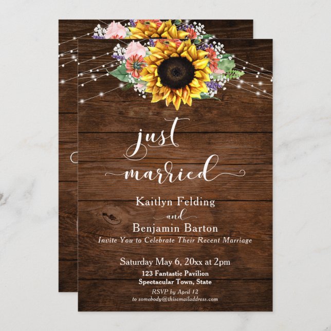 Rustic Brown Wood Sunflower Lights Just Married Invitation (Front/Back)