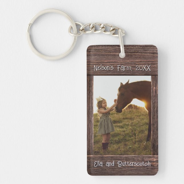 Rustic Brown Wood Text Editable Faux Photo Frame Key Ring (Front)