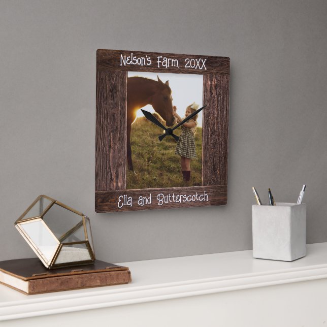 Rustic Brown Wood Text Editable Faux Photo Frame Square Wall Clock (Office)