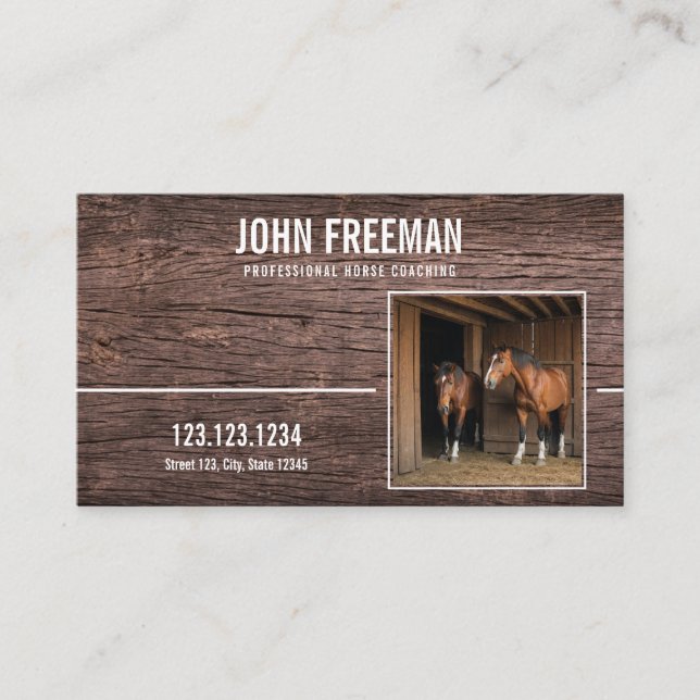 Rustic Brown Wood Texture Horse Photo Equestrian Business Card (Front)