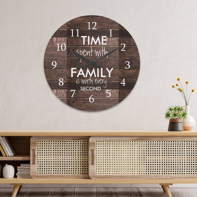 Rustic Brown Wood Time Spent With Family Quote Large Clock (Rustic Brown Wood Time Spent With Family Quote Large Clock)