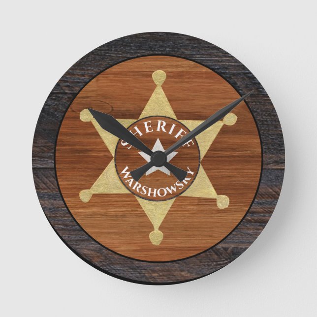 Rustic Brown Wood Tone Sheriff Badge Star  Round Clock (Front)