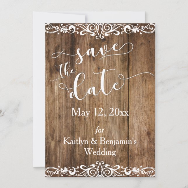 Rustic Brown Wood w/ Scrollwork Save the Date (Front)