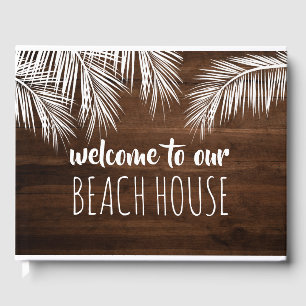 Rustic brown wood white beach house typography guest book